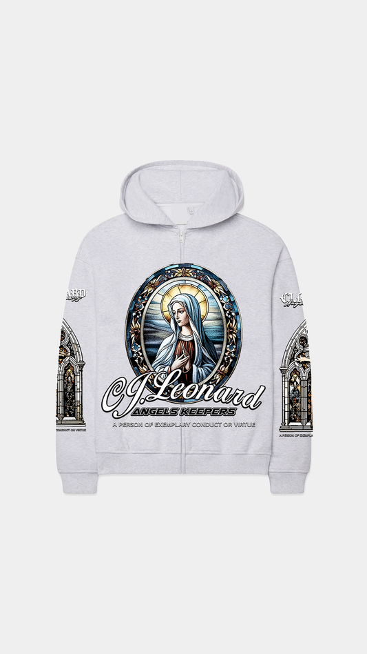 Grey Embroidery Angels Keepers Zip Hoodie